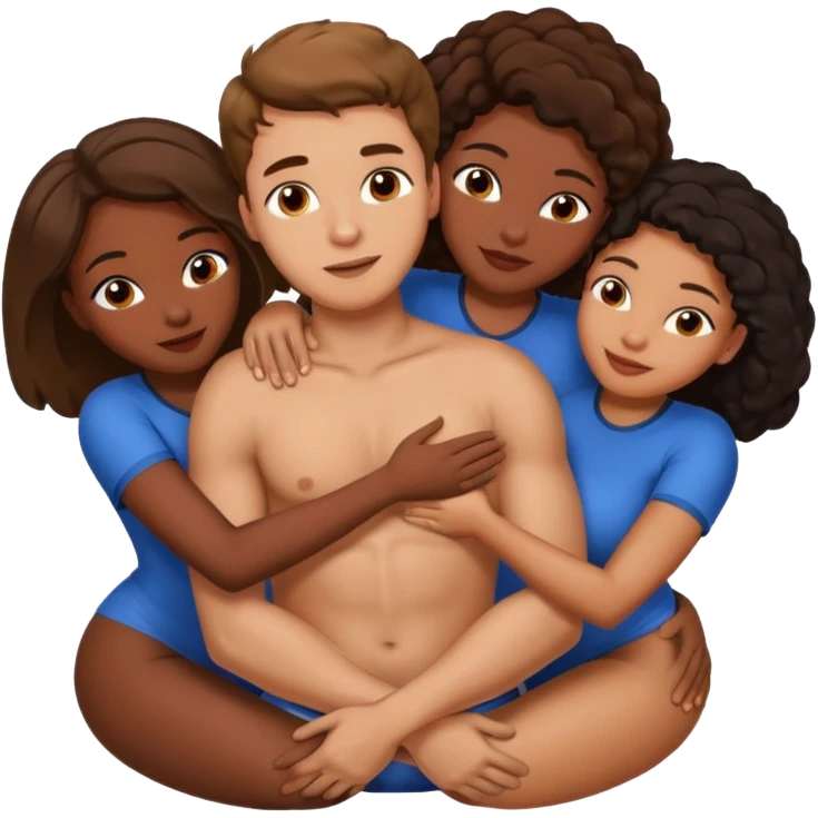 one american italian young brown-haired man surrounded by three black african women with large asses who are hugging him and each other and massaging his shaft and balls emoji