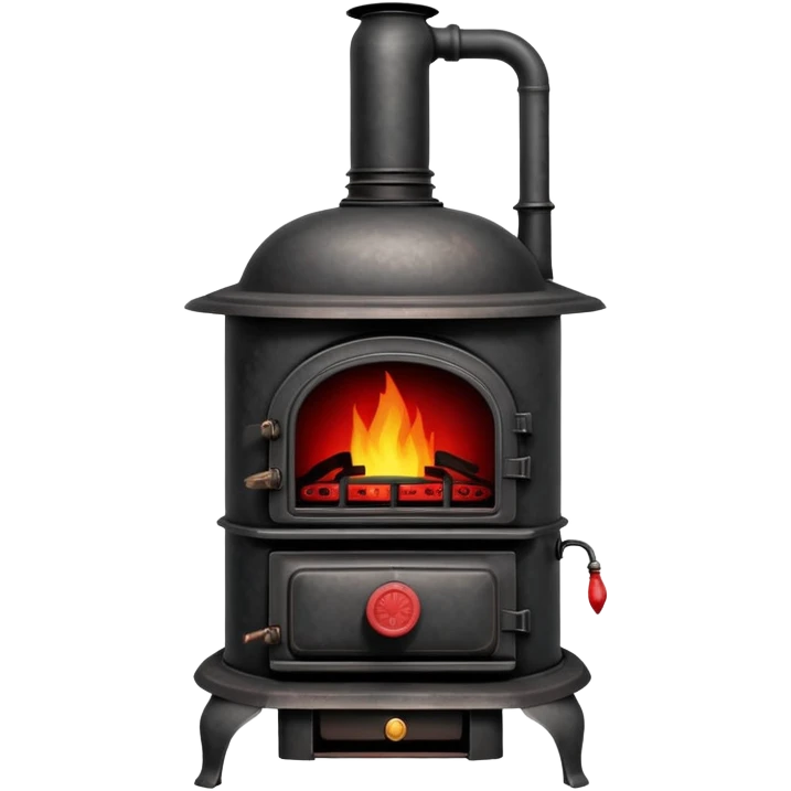 Vintage pot-belly coal stove from early 1900s with chimney pipe, rustic black iron with red glowing coals inside emoji