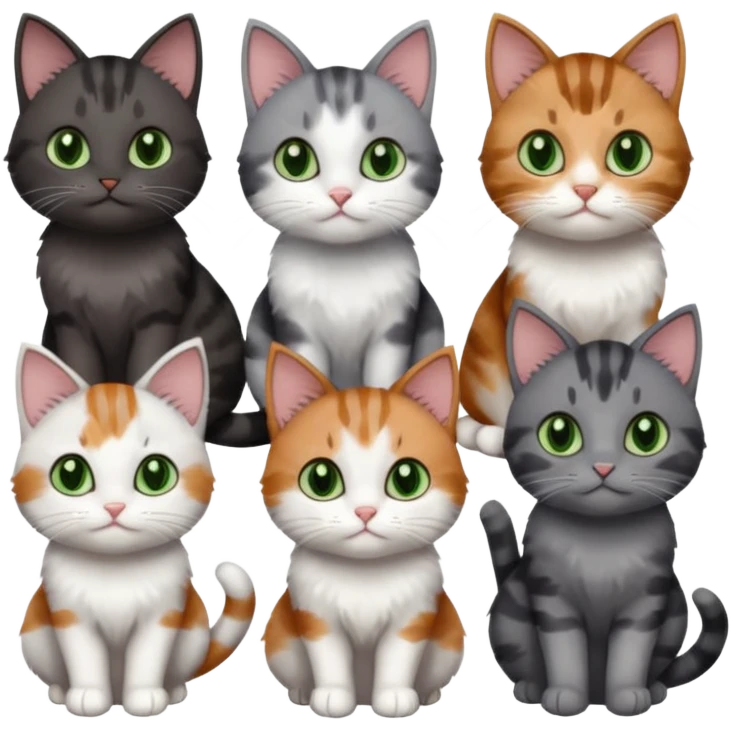 6 different coloured small cats including a dark grey and white, and a patchy calico, and a brown tabby and white,  and a completely solid dark grey with green eyes and only white paws emoji