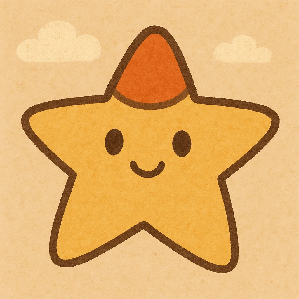 yellow star with an orange head and cute eyes, cartoon style, playful expression emoji