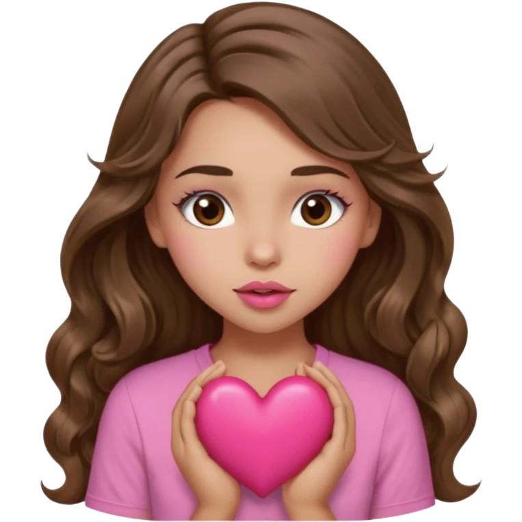 girl with long wavy brown hair, brown eyes, light to medium complexion, in a pink shirt, pink lips, long lashes, sexy , puckering, blushing, kissing a heart sexy emoji
