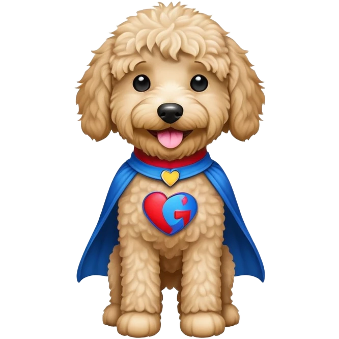 Loveable cream labradoodle wearing a Super Grover costume emoji