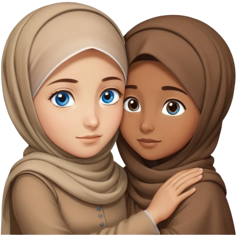 Turkish beautiful finish Konya girl blue eyes with brown beige hijab islamic dress and hugs with big brother  emoji