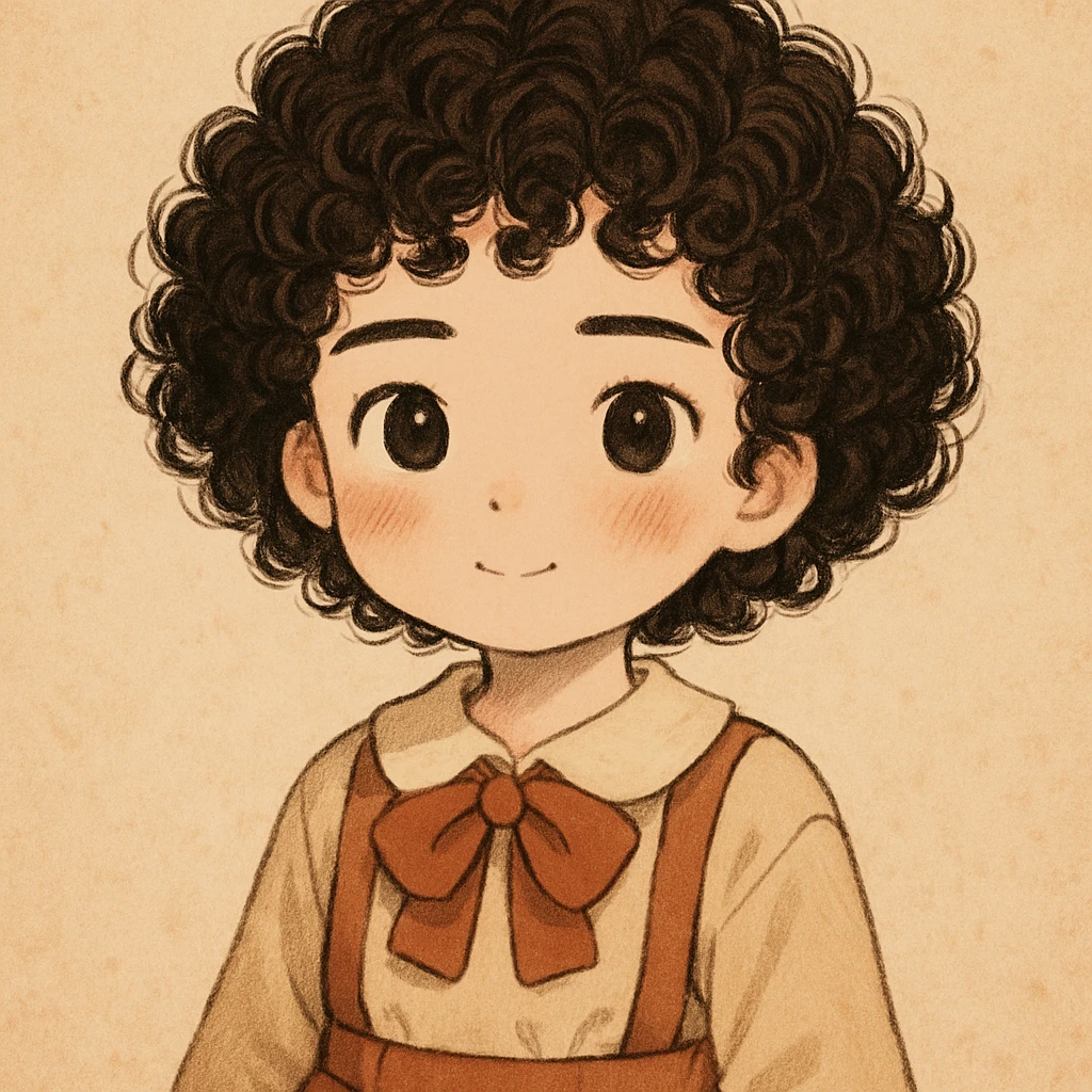 Haz el pelo mucho más rizado y las cejas más rectas, manteniendo el estilo general, cute y todos los detalles anteriores emoji
