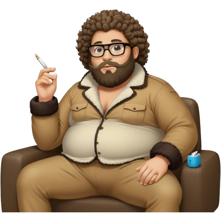 Fat jew curly hair with glasses and Beard seating on a gorilla sofa smoking a iqos emoji