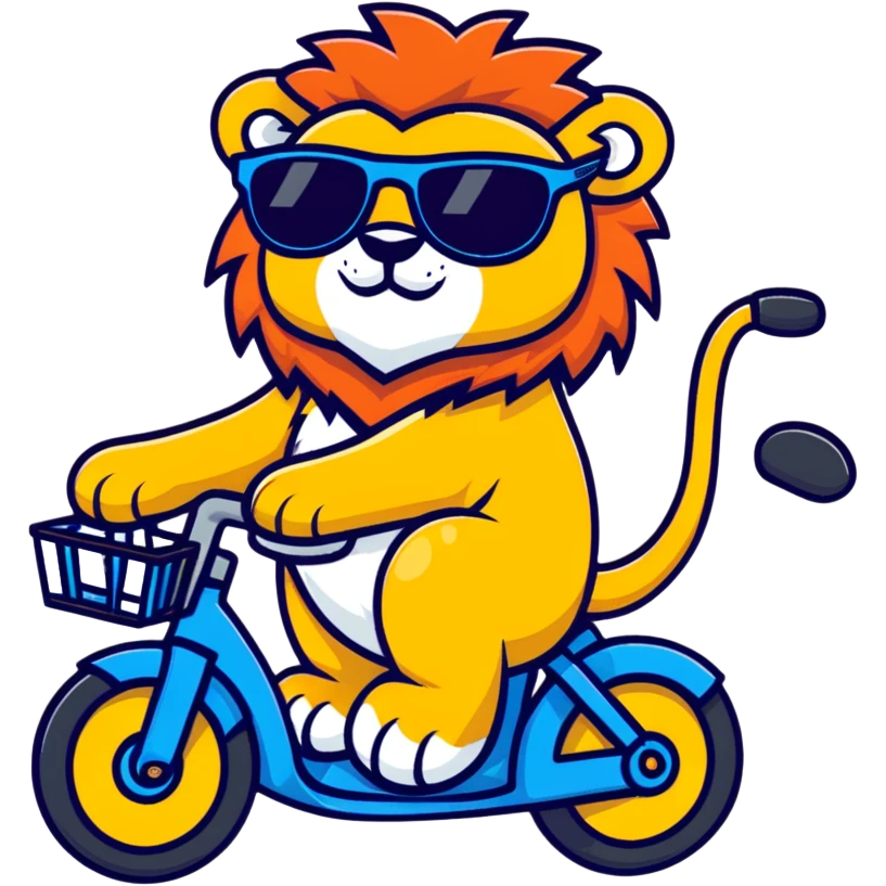 lion riding a bike with sunglasses, cartoon sticker style emoji