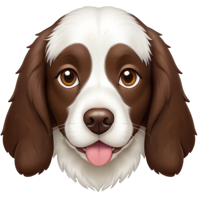 Cinematic Comical Springer Spaniel Portrait Emoji, Head tilted dramatically with an exaggeratedly amused expression, featuring a striking liver and white Fur with dynamic patterns, wide, expressive brown eyes filled with playful disbelief, Simplified yet hilariously expressive features, highly detailed, glowing with a slightly sassy glow, high shine, dramatic yet playful, stylized with an air of cheeky mischief, bright and endearing, soft glowing outline, capturing the essence of a spirited and over-the-top companion, so meme-worthy it feels like it could side-eye its way into internet fame instantly! emoji