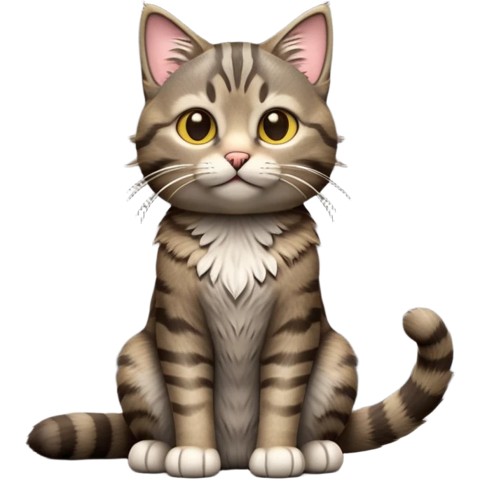cinematic-[grey brown tabby cat]-realistic-full-body-sitting-emoji,-tail-curled-playfully-around-its-paws,-head-tilted-dramatically,-scruffy-[grey]-fur,-simplified-yet-realistic-focused-features,-highly-detailed,-glowing-with-an-almost-sarcastic-glow emoji
