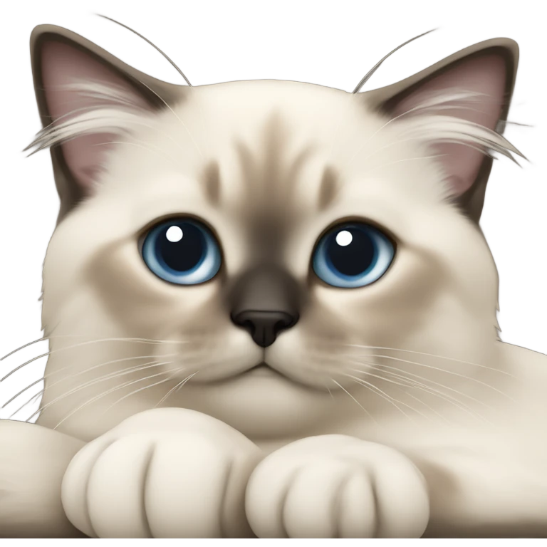 an entire birman kitten, laying down relaxed on a shoulder.  thin face, spots of dark on the ears and middle of the face. emoji