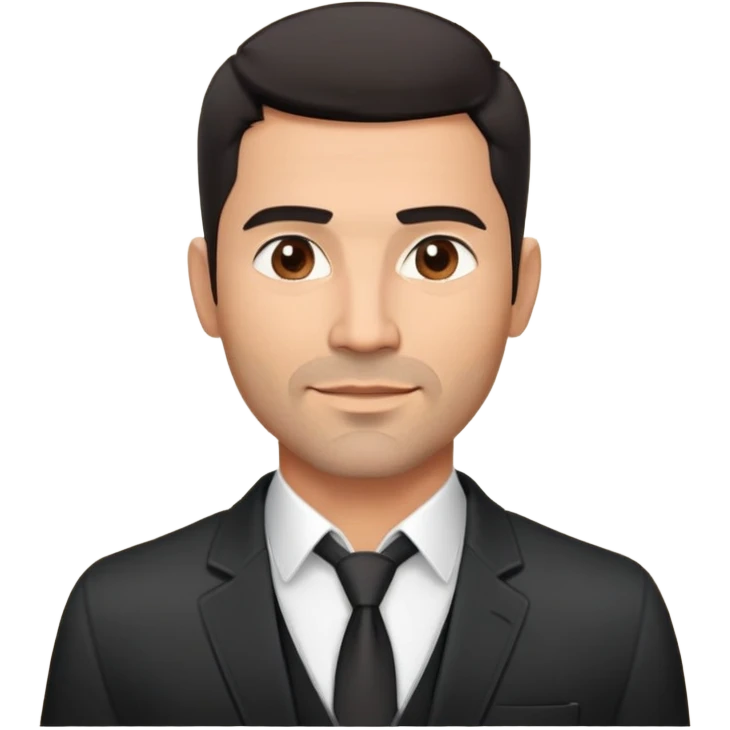 Attractive robust Hispanic man in his mid-40s, light brown complexion, short black hair with prominent fade haircut, light facial scruff, square face with strong jawline, friendly TV presenter expression, unbuttoned black jacket, white shirt with top button open, no necktie emoji