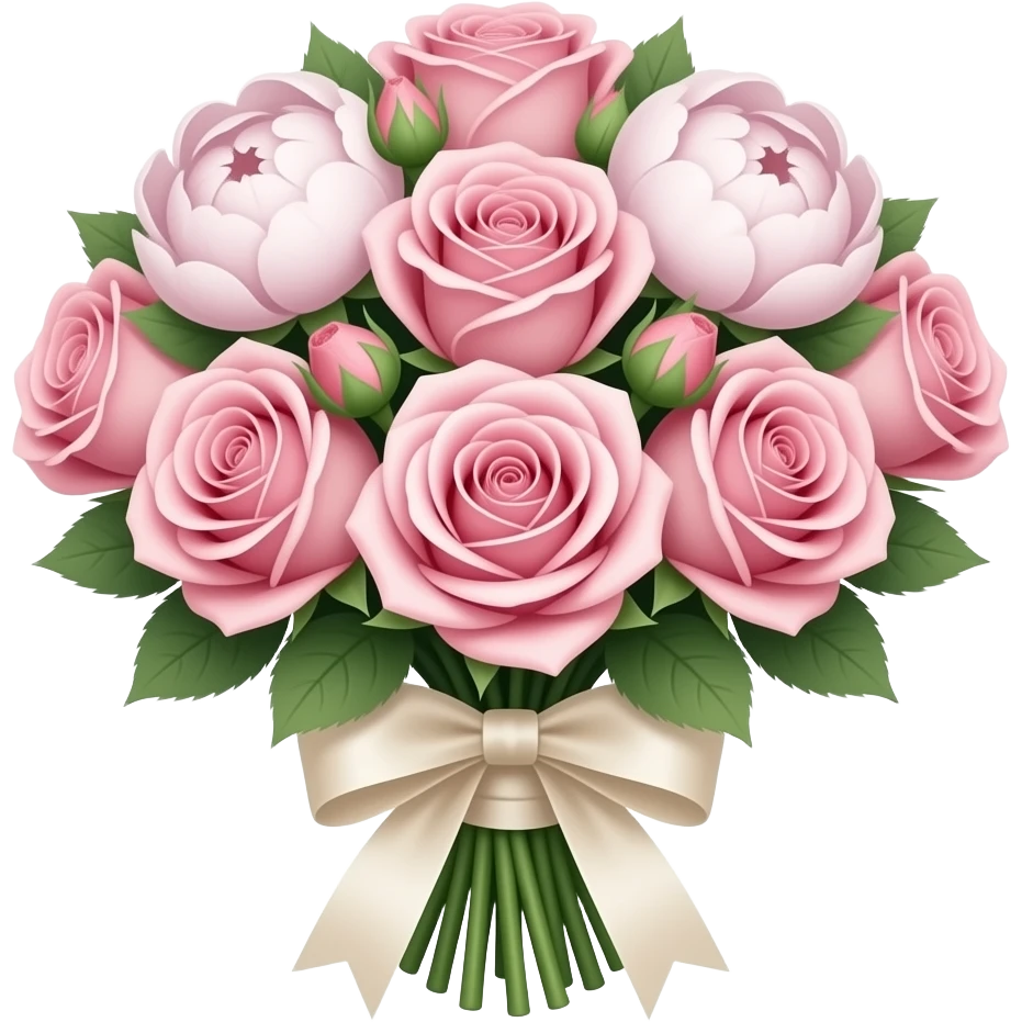 Elegant flower bouquet from a London luxury florist, isolated, centered, no background, blush roses, peonies, satin ribbon, romantic feminine Mayfair aesthetic emoji