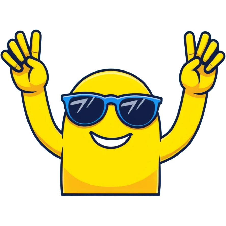 yellow emoji with sunglasses, hands up, fingers rubbing together, huge smile with shiny grills emoji