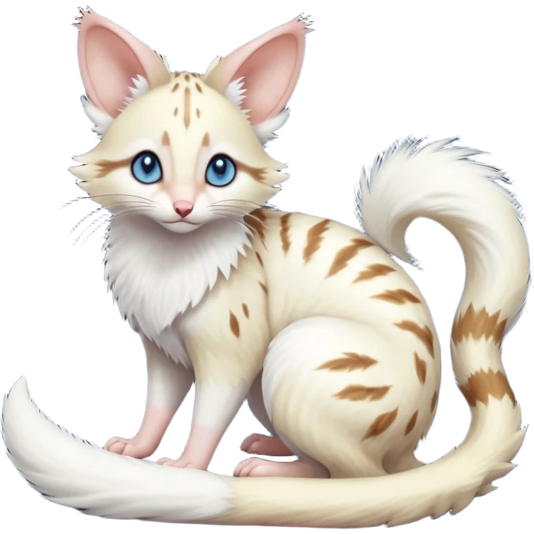 Albino-white, blue-eyed soft natural realistic romantic vintage antique divine beautiful elegant pretty precious cute young youthful  Fakémon-Pokémon-opossum-feline-mouse-serval-caracal-chinchilla-Minccino-Cinccino-Meowstic-rodent-hybrid-creature with a big fluffy bushy tail (full body) emoji