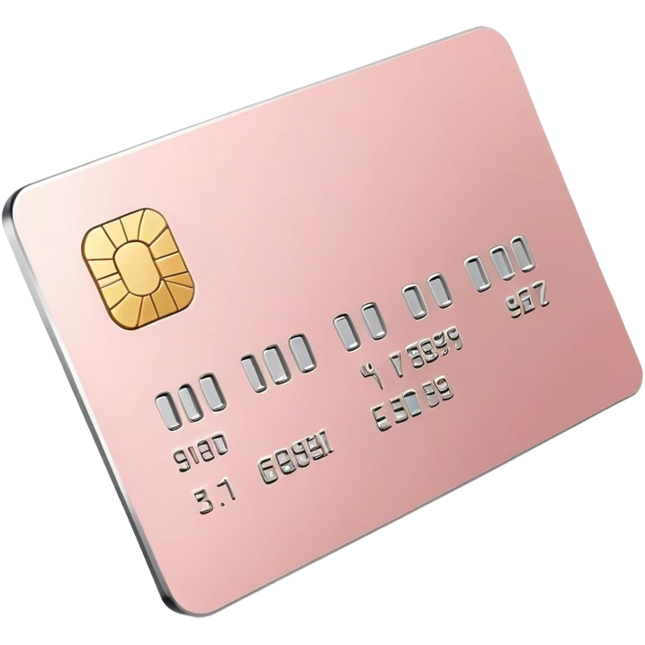 Blush pink credit card with gold chip and silver embossed numbers, minimal design, no logos, soft 3D style. emoji