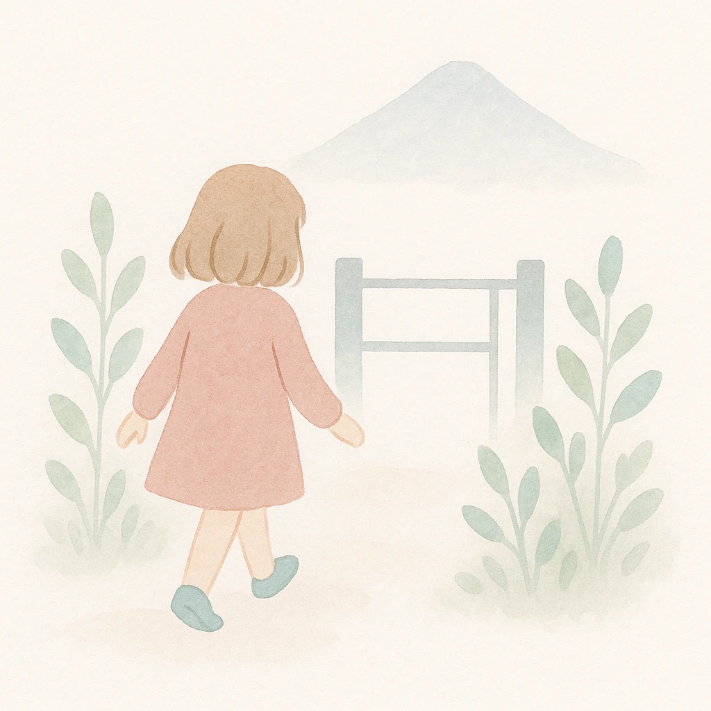 soft watercolor illustration in a minimalist modern style of a female child walking outside of a gate viewed from behind, with green plants outside the gate and a mountain in the background, pastel colors, delicate linework, gentle whimsical mood, minimal soft shading emoji