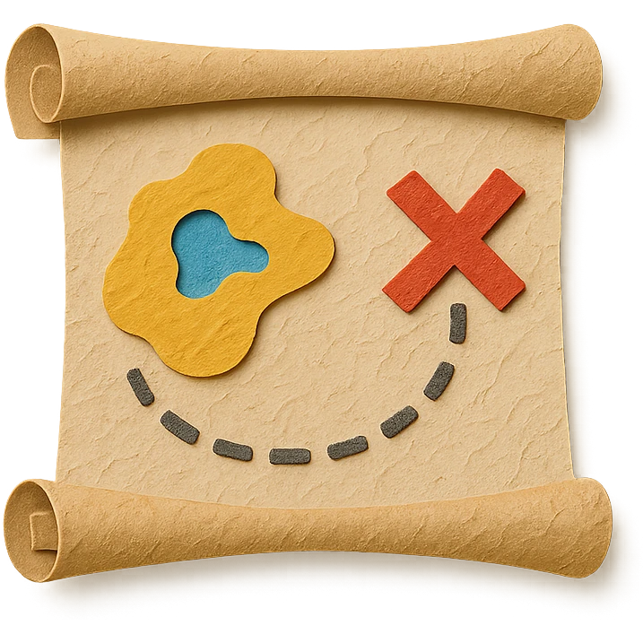 rolled treasure map with an X mark, dotted path, and island details, layered paper effect emoji