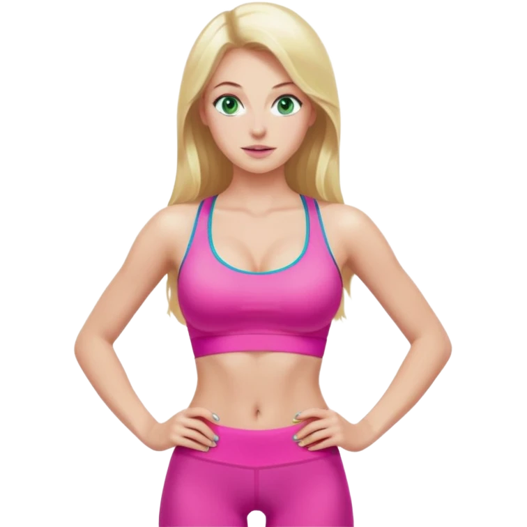 Long Blonde very small waist hourglass really big boobs green blue eyes gym tights skinny face bright pink sports bra emoji