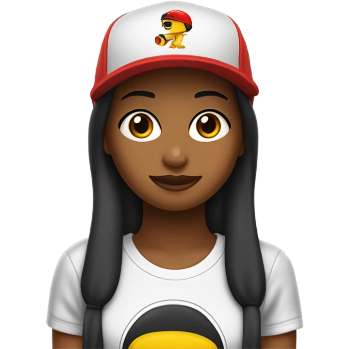 CHICA DE CABELLO HASTA LOS HOMBROS DE COLOR NEGRO, USA ANTEOJOS DE SOL, REMERA OVERSIDE COLOR ROJA Y GORRA CON VICERA. TIENE UNA ONDA MUY ATRACTIVA COMO DE SKATER emoji