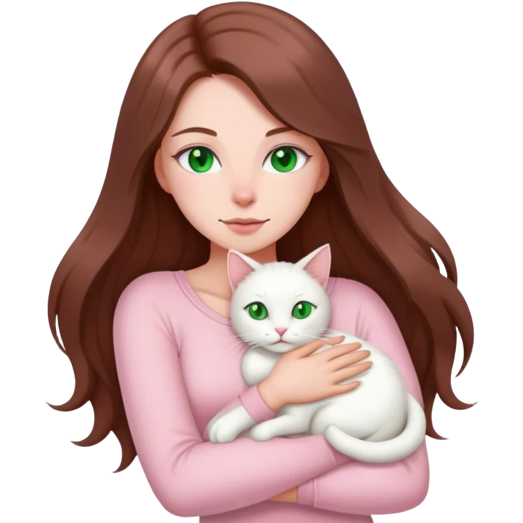 white woman with very long brown hair and green eyes in a light pink outfit hugging a white cat emoji