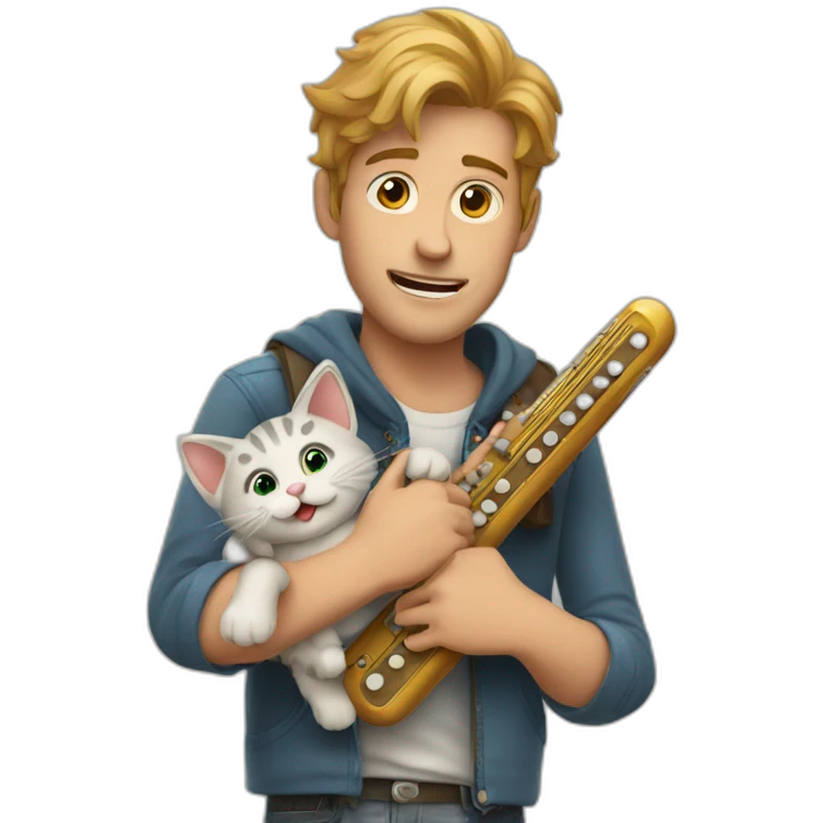 A guy holding a cat and a harmonica emoji