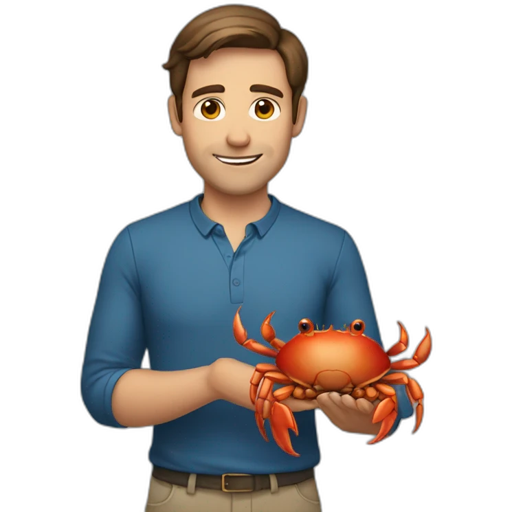a man with brown hair is holding a crab emoji