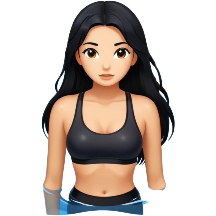 long black hair tanned woman, black sports bra, in koi pond, hot  emoji