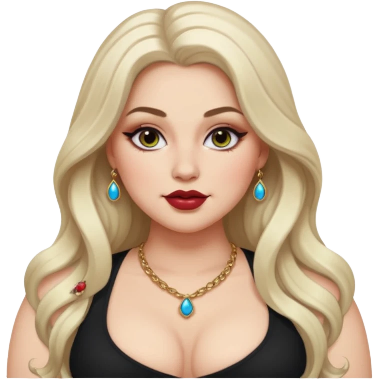 long hair. white thot voluptous chest and gen z makeup accessories. big topless hangingchest. smug detailed face. emoji