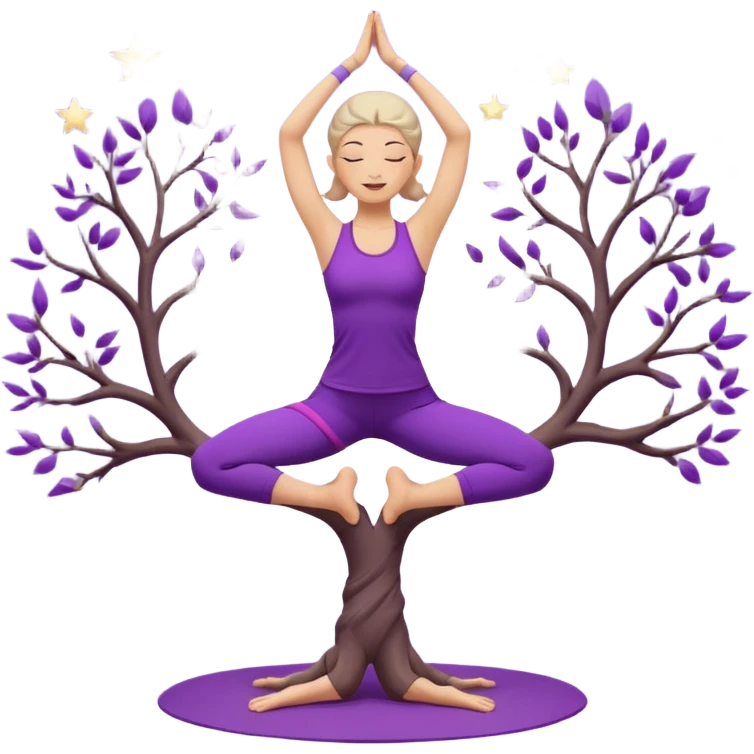 A serene woman wearing purple yoga clothes balancing in tree pose, stars around her, meditative aura. emoji