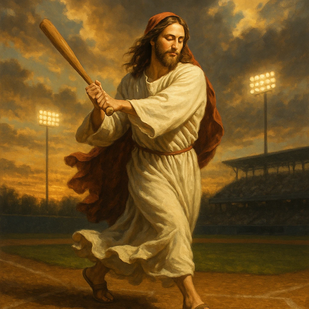 Jesus in flowing robes swinging a baseball bat with a serene expression on a baseball field background with dramatic lighting emoji