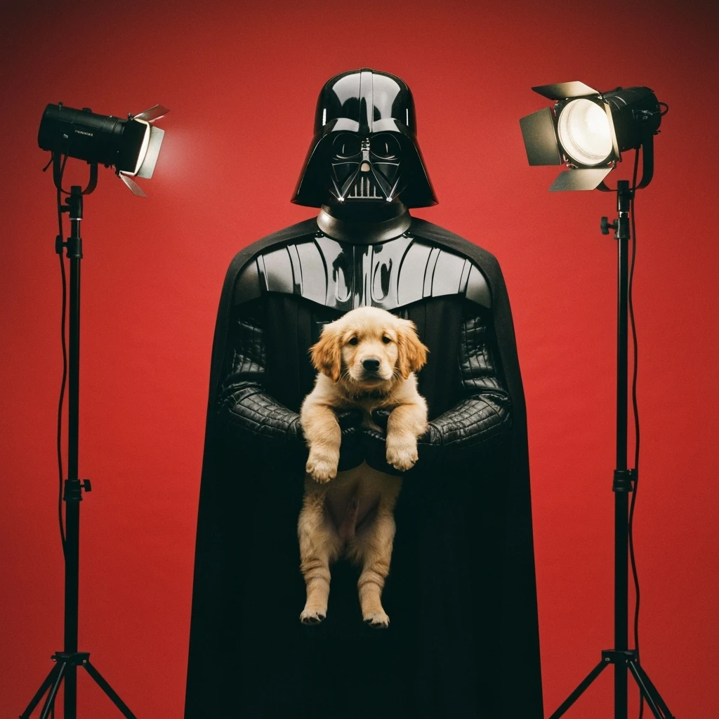 Photo of a darth vader holding puppy golden retriver, low key light, red solid background with leading lines, back light, spot light emoji