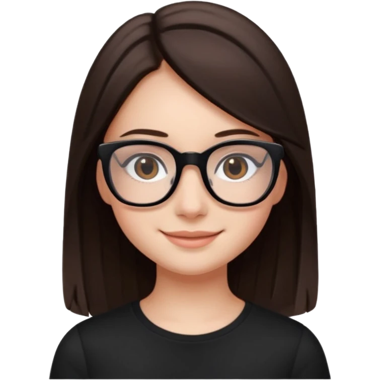 une ado, brune aux cheuveux tres fonces tres longs lisses blanche, ,lunettes carres/ rectanglesnoires, yeux bruns joues rose, haut noir emoji