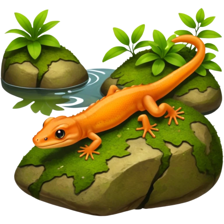A small orange-brown newt on a mossy rock near a pond. Realistic lighting, visible tail, green plants and soft sunlight, detailed wildlife photo. emoji