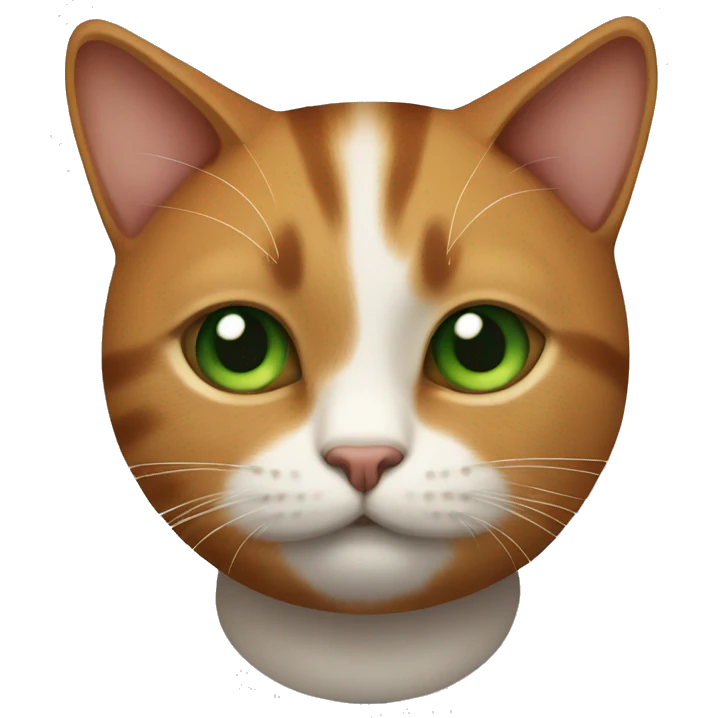 Cat with a Ginger brown and black colour with a green eyes. Fat body and small head emoji