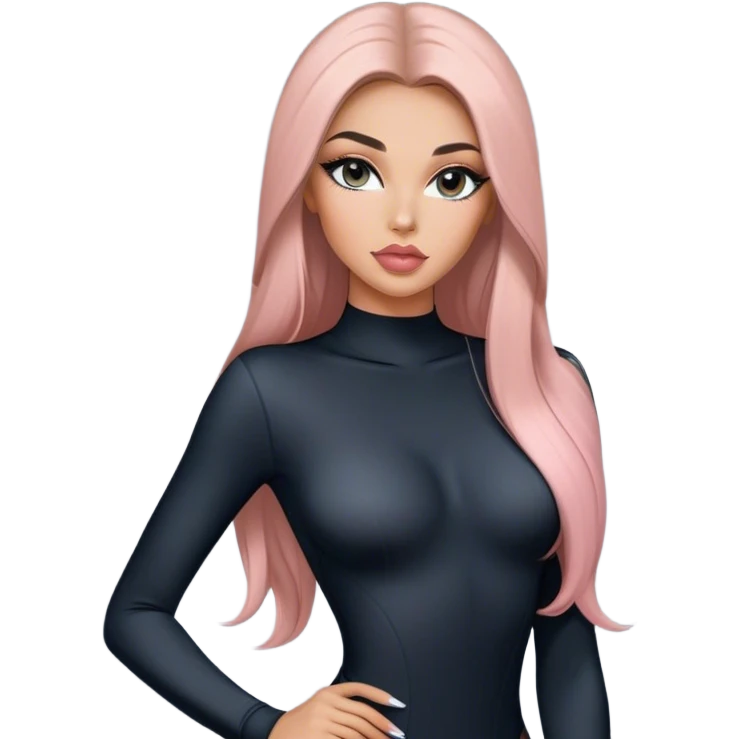 Glamours, tanned, very beautiful girl, with big pump peach-beige-rose lips, long long lashes, black straight smooth silky long hair, straight parting hair, blue-grey eyes in black long-sleeves v-neck bodysuit emoji