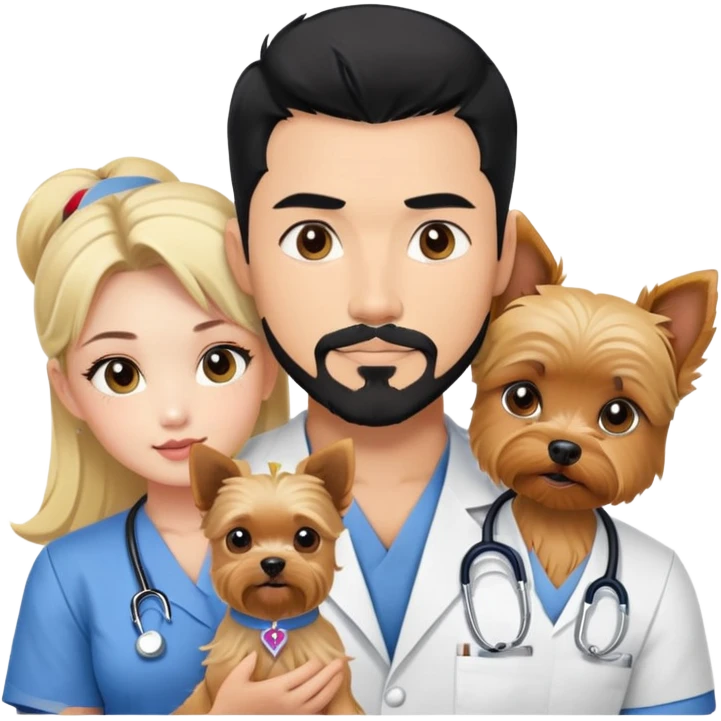 Blonde nurse next to black haired Korean Asian handsome muscular man with black pointy hair full goatee.   Holding one blonde yorkie.  emoji