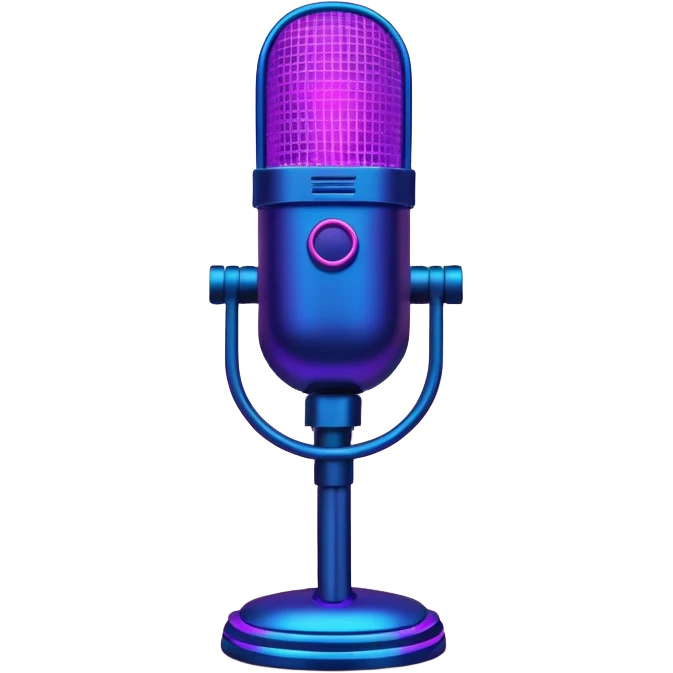 desktop studio microphone with neon glow effect, blue and purple neon glow on top left, pink neon glow on bottom right emoji
