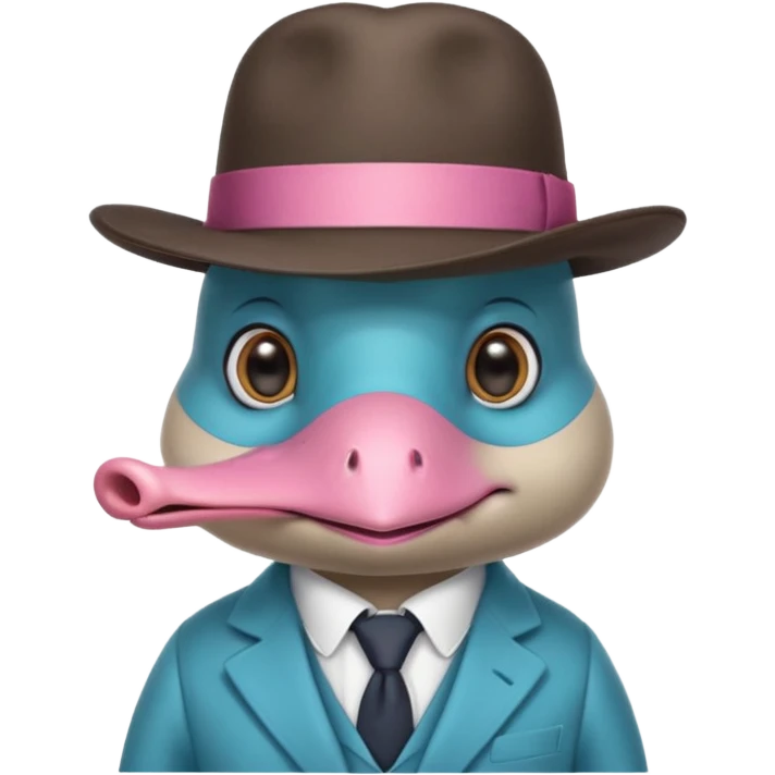 cute light blue turqiouse platypus head, smiling with big eyes with a detective hat and monocle on his eye, no  hands, looks like a platypus but blue, the hat and suit are pink emoji