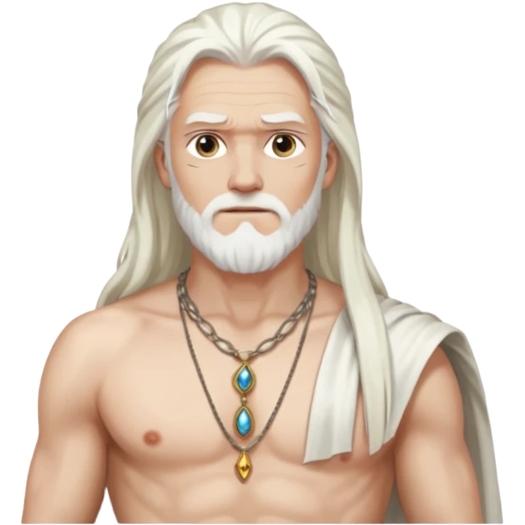 Odin with long white hair, long white silk loincloth, shirtless with necklace  emoji