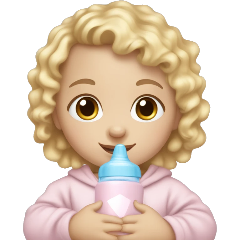sitting baby girl with pale skin and blonde curly hair wearing a light pink onesie and holding a light blue baby bottle emoji