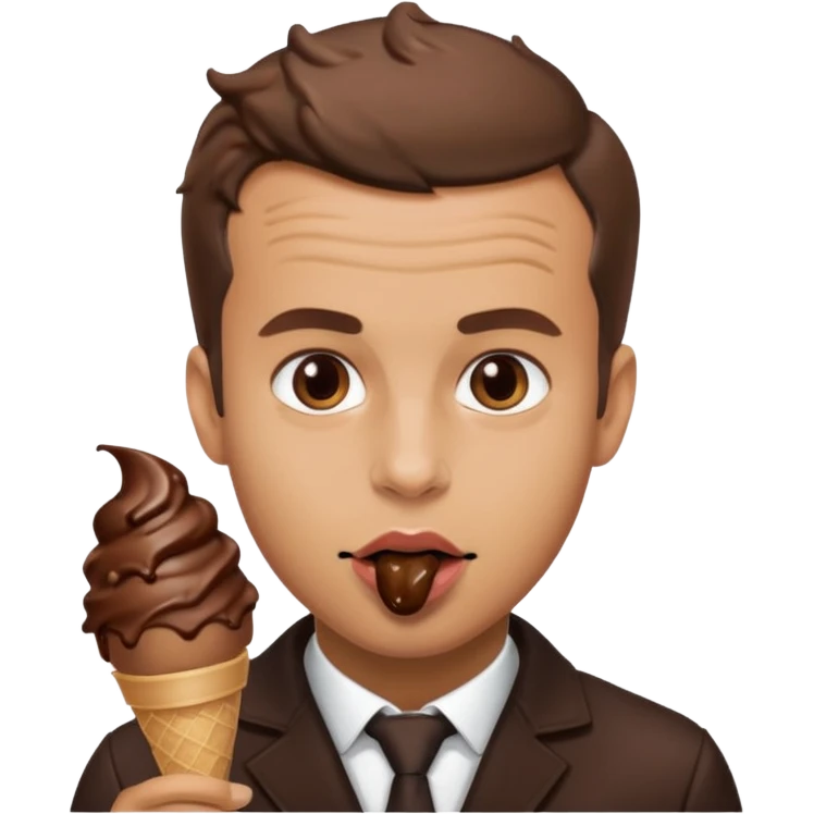 Emanuel macron avec une glace au chocolat et du chocolat autour de la bouche emoji