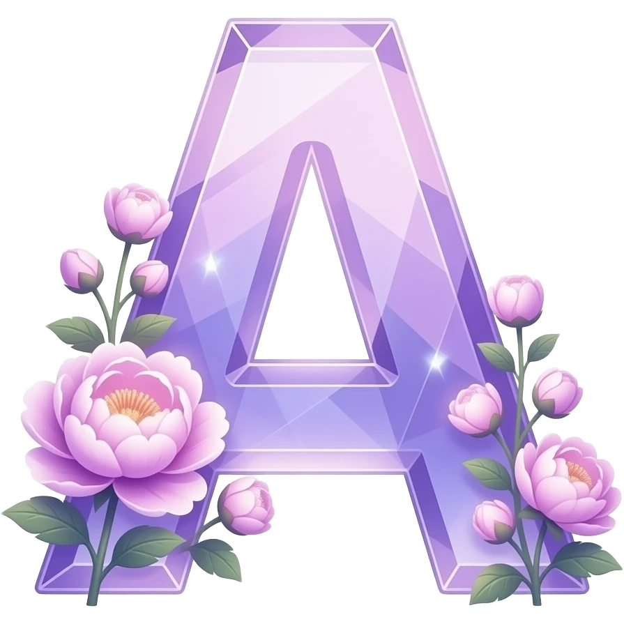 An uppercase letter 'A' sculpted from translucent crystal that glows with a soft violet light. Miniature glowing peonies and tiny heart-shaped leaves grow along its edges. Iridescent texture, fairycore aesthetic, macro photography style emoji