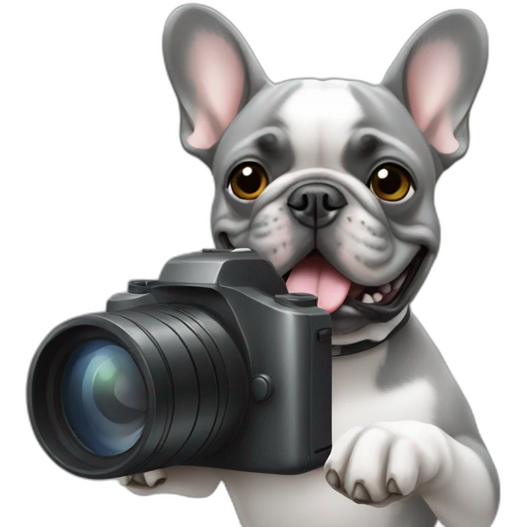 grey French bulldog taking a picture emoji