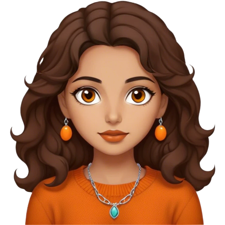 Iranian girl with warm tan skin, wearing an orange wool sweater. She has dark brown, shoulder-length wavy hair, one brown eye, and slightly full lips. She also wears a delicate necklace. emoji