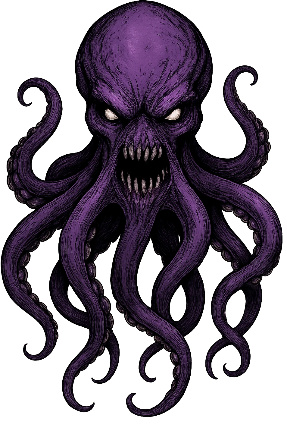 Remove the nose, make the octopus look scary, keep the purple color, with no background. Maintain the original style and details of the octopus while making it look scary and purple. emoji