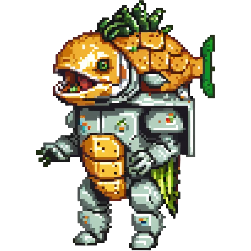 a cyborg robotic salmon who's torso is made from a filled crunchy taco, with lettuce salsa meat and cheese. he is fish taco bot man his face and head, tail, and fins are metallic robotic construction, he has a slit visor across his face where his eyes should be like cyclops emoji