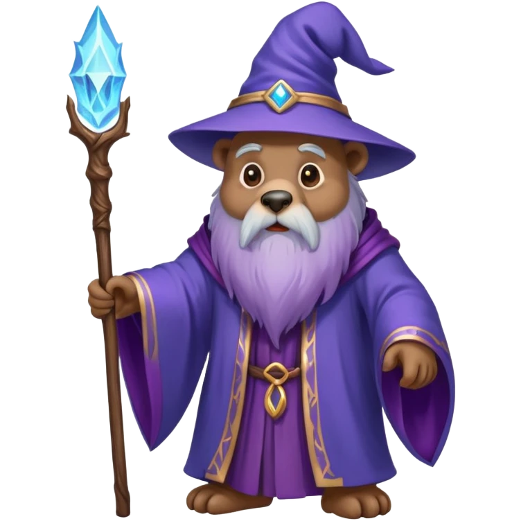 A wise old bear wizard with long beard casting a blue spell with wooden staff and purple flowing robes emoji