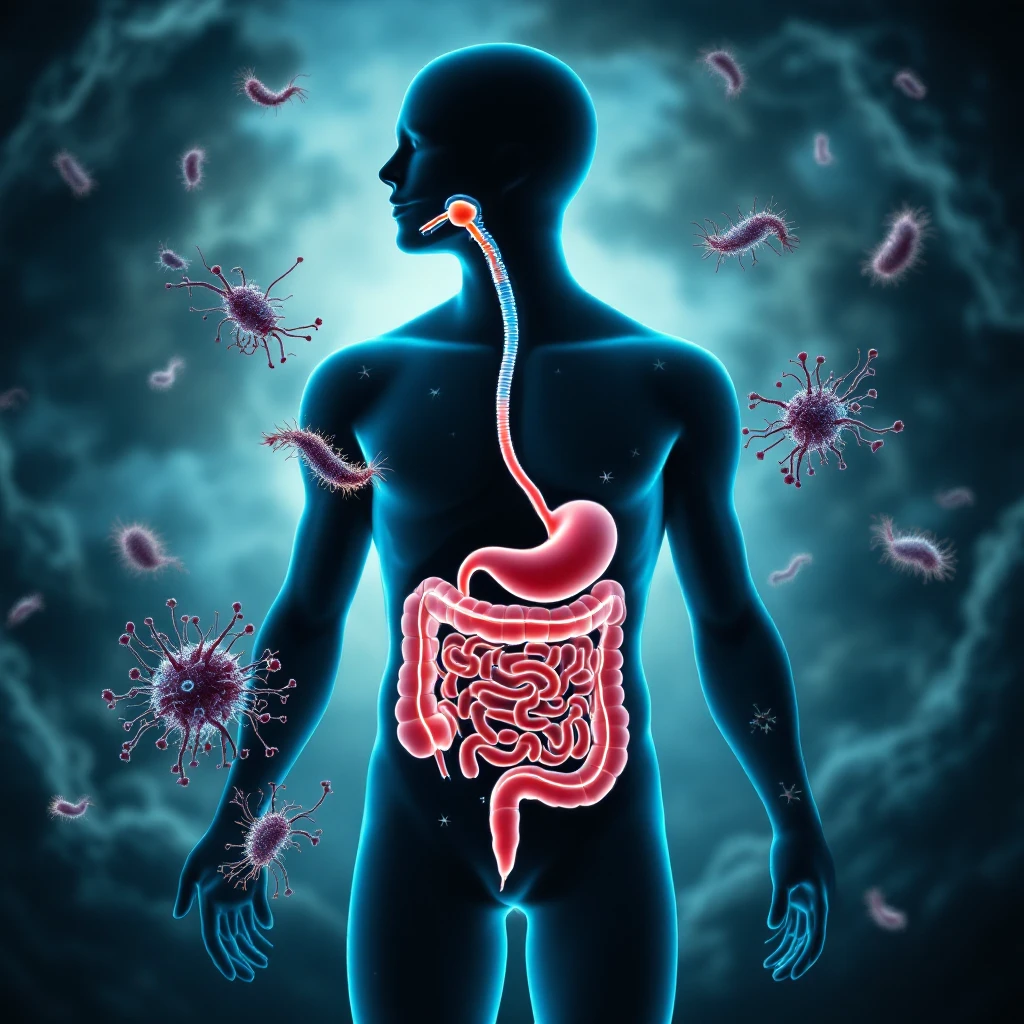 a medical illustration of a human realistic gut with bacteria and parasyte (tenia) emoji