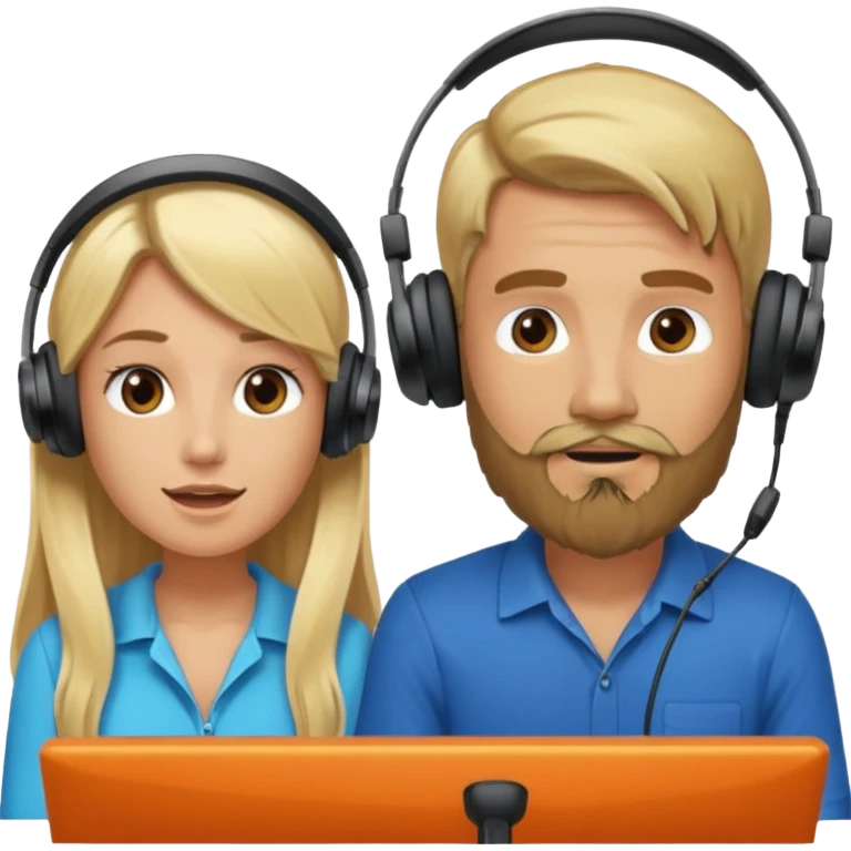 pareja hombre con barba y mujer rubia  pelo largo  charlando en streaming con auriculares emoji