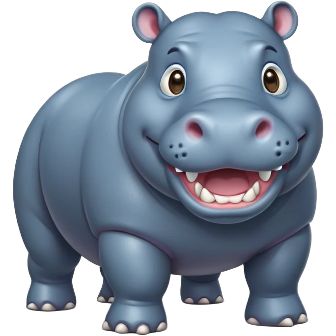 cinematic-hippo-realistic-full-body-side-view-standing-on-all-fours-emoji,-massive-round-frame,-wide-mouthed-grin-exposing-huge-teeth,-head-tilted-dramatically,-thick-greyish blue-hide-glossy, big cute eyes emoji