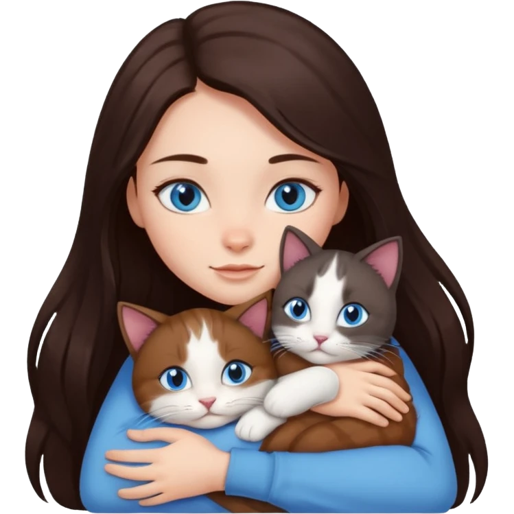 a girl with long dark 
brown hair, with blue eyes, hugs 3 different natural coloured cats emoji